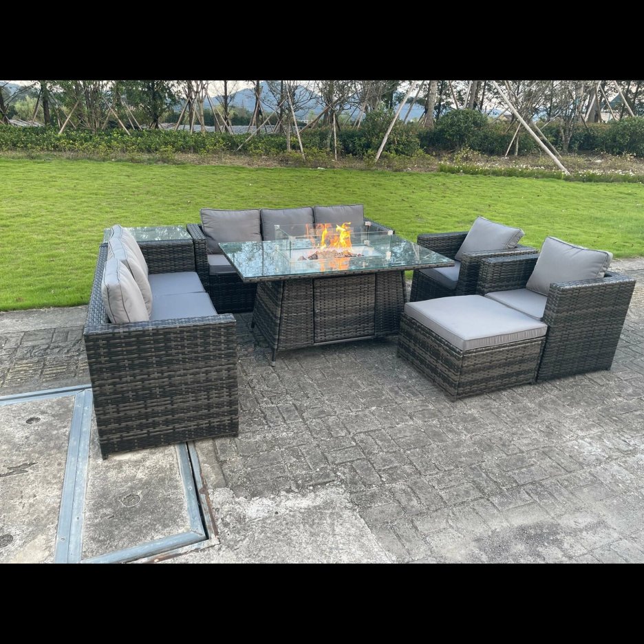 Outdoor rattan garden furniture, gas fireplace, tableware, armchair