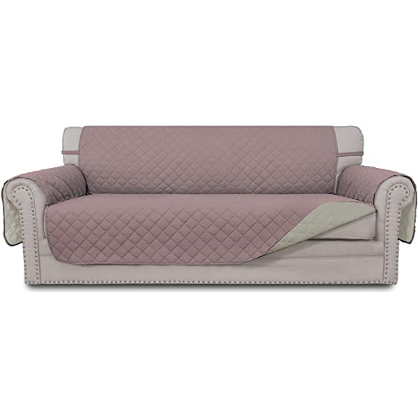 Easy-Going 4 Seater Sofa Slipcover Reversible Sofa Cover Water Resistant Couch Cover with Foam Sticks Elastic Straps Furniture Protector for Pets Kids Children Dog Cat(88'', Pink/Beige)
