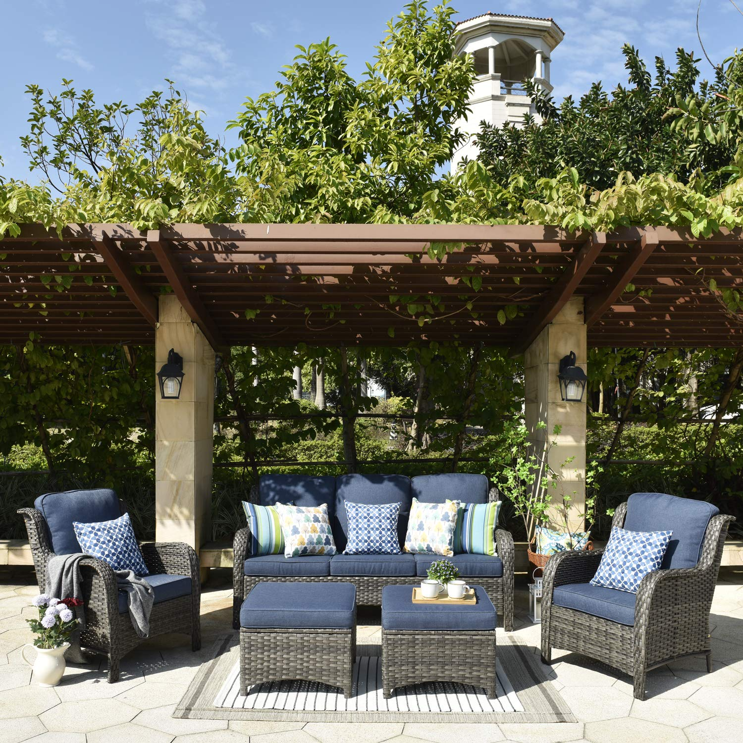 【Furniture】Patio Furniture Sets Outdoor Conversation Set All Weather Wicker High Back Couch with Ottomans