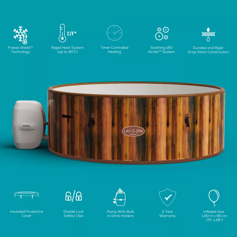 HELSINKI HOT TUB, 180 AIRJET WOOD EFFECT INFLATABLE SPA WITH FREEZE SHIELD YEAR ROUND TECHNOLOGY AND RAPID HEATING, 5-7 PERSON