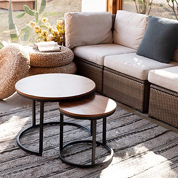 aboxoo Coffee Table Nesting Side Set of 2 End Table Top Sturdy Metal Frame Wood Desk Centerpiece Living Room Bedroom Apartment Modern Industrial Simple Nightstand