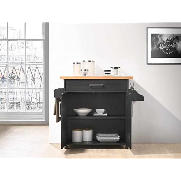 Hodedah Kitchen Island with Spice Rack, Towel Rack & Drawer, Black with Beech Top Black-beech