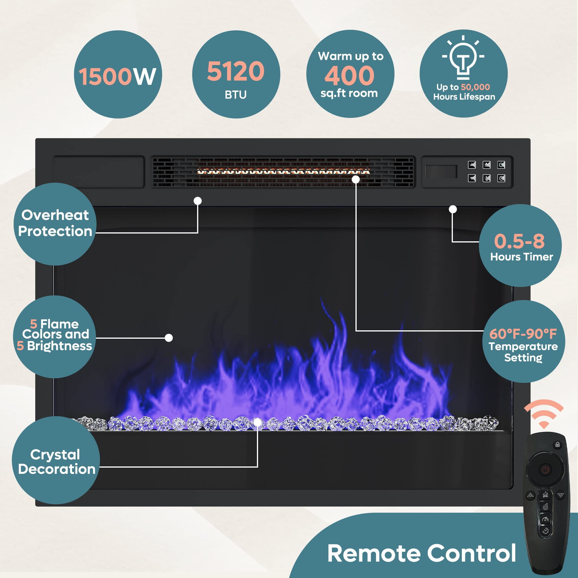 【Furniture】Fireplace TV Stand for 75 inch TV with 23 inch Electric Fireplace, 70 inch Entertainment Center