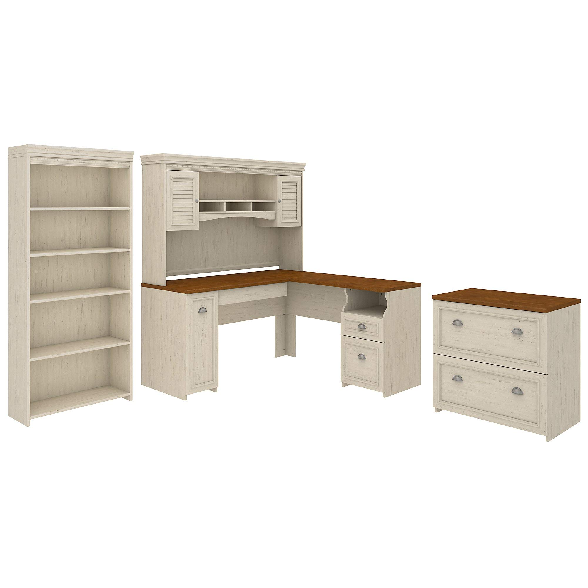 【Furniture】Fairview L Shaped Desk with Hutch, Bookcase and Lateral File Cabinet in Antique White