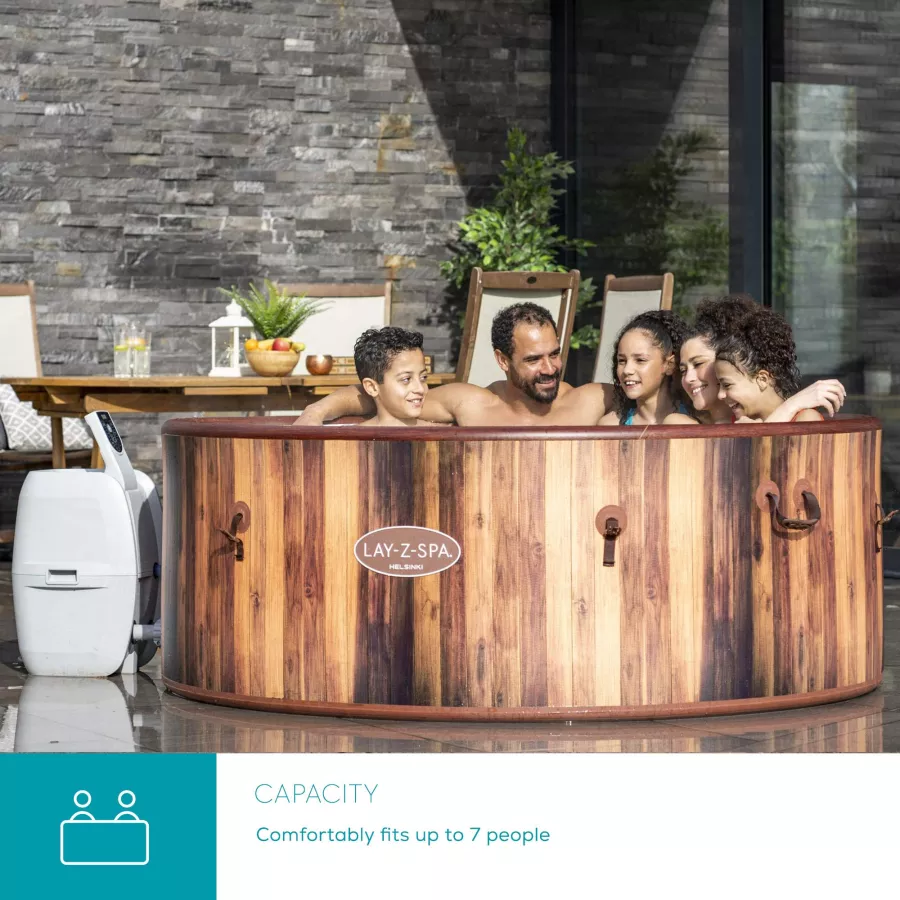 HELSINKI HOT TUB, 180 AIRJET WOOD EFFECT INFLATABLE SPA WITH FREEZE SHIELD YEAR ROUND TECHNOLOGY AND RAPID HEATING, 5-7 PERSON