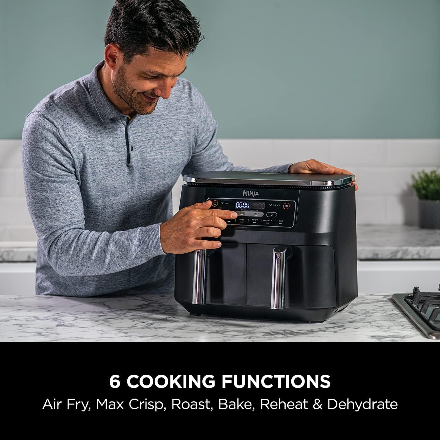 Ninja Foodi Dual Zone Digital Air Fryer, 2 Drawers, 7.6L, 6-in-1, Uses No Oil, Air Fry, Max Crisp, Roast, Bake, Reheat, Dehydrate, Cooks 4-6 Portions, Non-Stick, Dishwasher Safe Baskets, Black AF300UK