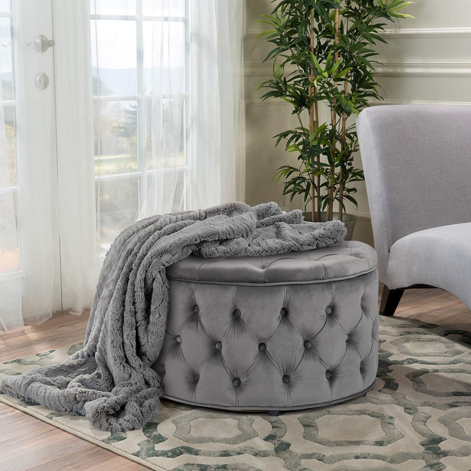 【Furniture】Homebeez Round Velvet Storage Ottoman, Button Tufted Footrest Stool Coffee Table