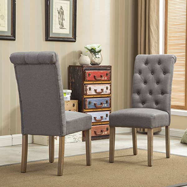 Roundhill Furniture Collection Habitanian Solid Wood Dining Table with 6 Button Tufted Chairs, Gray, Grey