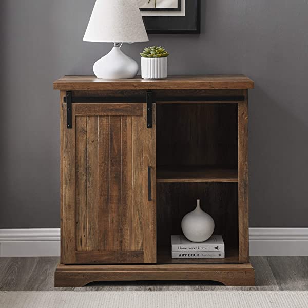 Walker Edison Beaumont Modern Farmhouse Sliding Slat Door Storage Cabinet, 32 Inch, White Oak White Oak Groove Door Cabinet