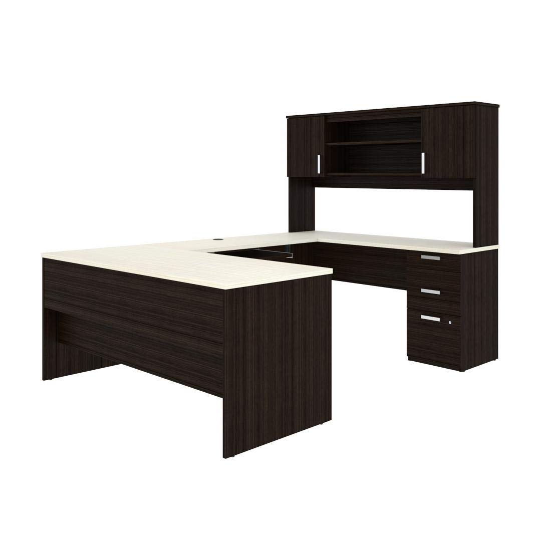 【Furniture】Bestar Ridgeley U-Shaped Executive Desk with Pedestal and Hutch, 65W, White Chocolate