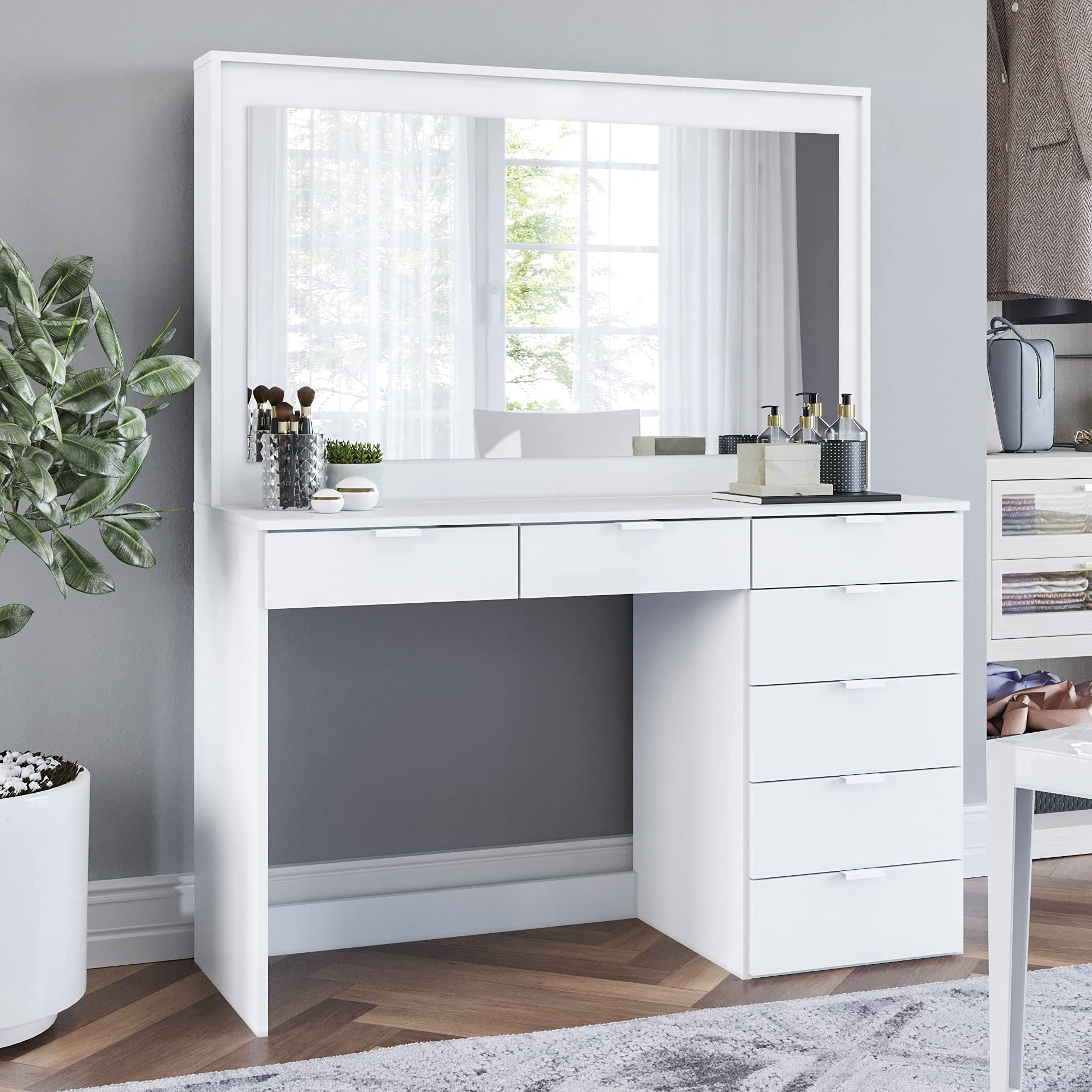 【Furniture】Dressing Table, 7 Drawers Large Mirror, Hollywood Style
