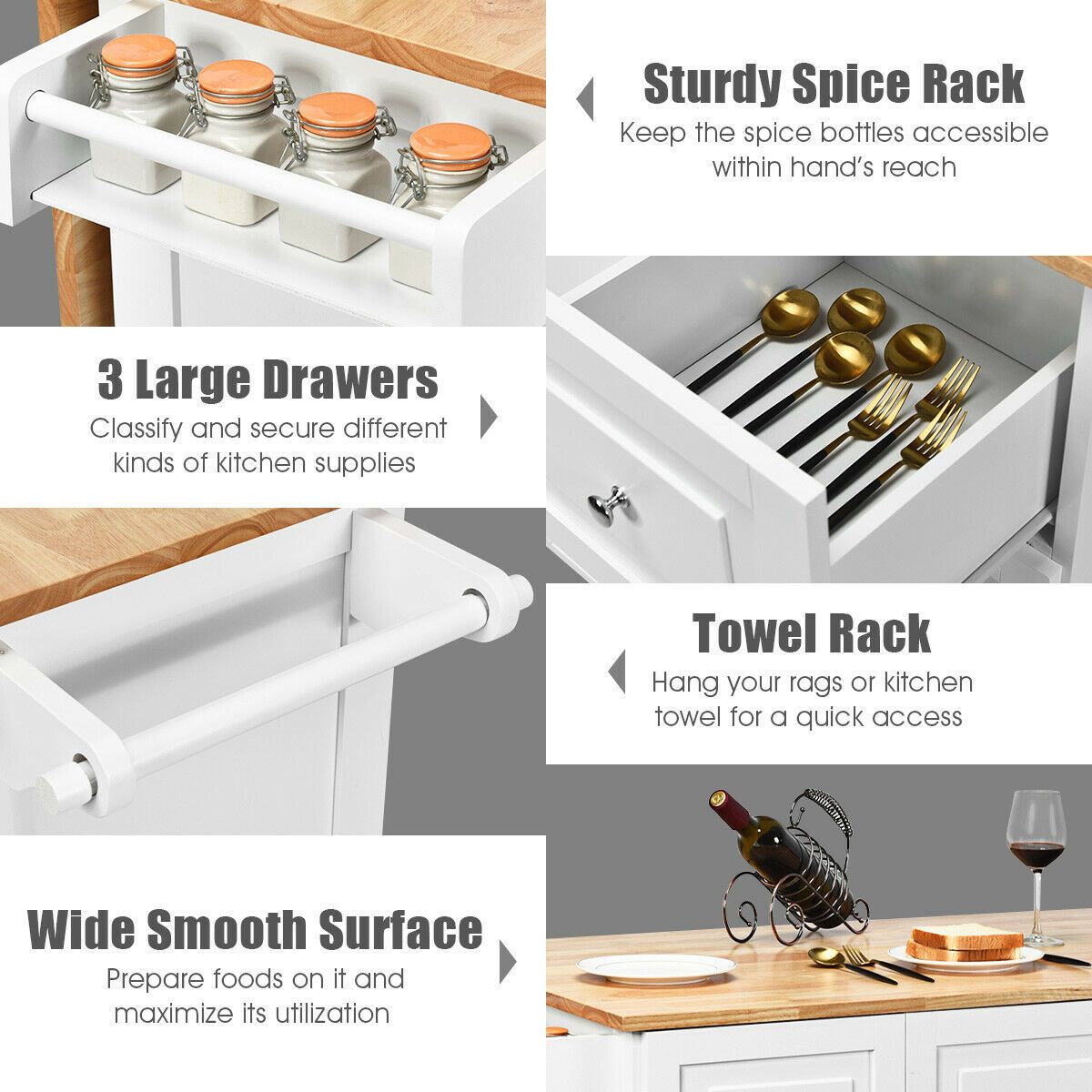 Kitchen Island Trolley with 3 Drawers and 2-door Cabinet