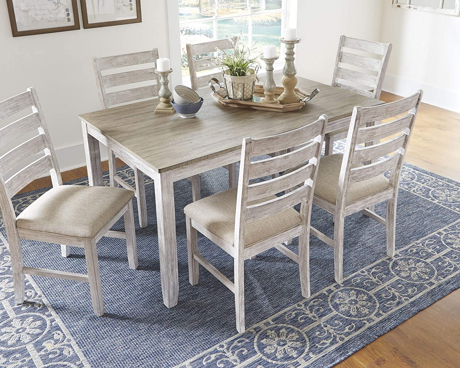 【Furniture】Dining Room Table Set with 6 Upholstered Chairs, Brown