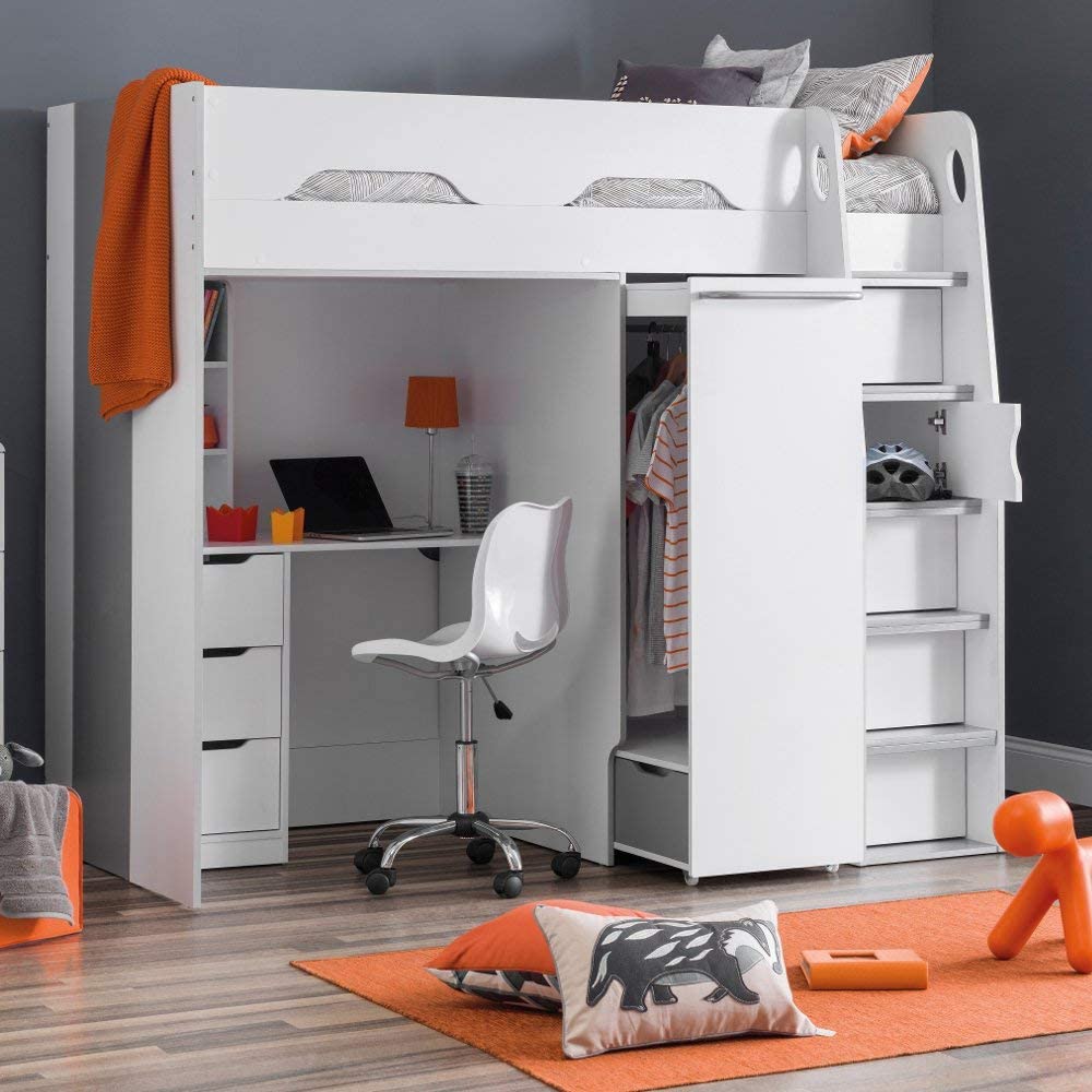 【Furniture】High Sleeper Storage Bed, Pegasus Wood Modern Desk Wardrobe Drawers Cupboards Loft Bunk Frame