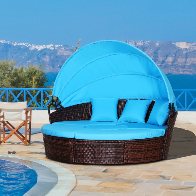 【Furniture】4 PC Patio Wicker Lounge Set, Outdoor Rattan Modular Garden Round Daybed Set