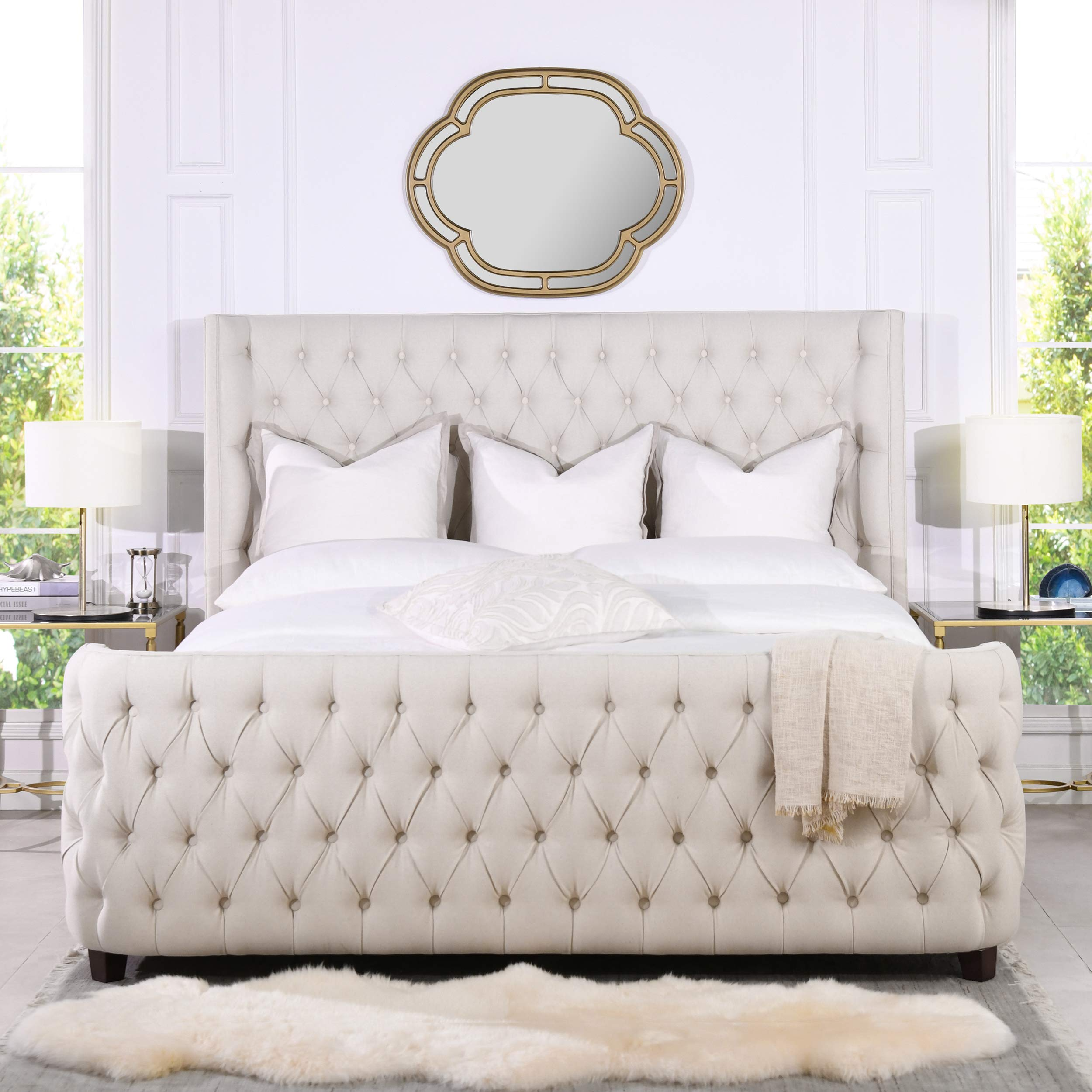 【Furniture】Tufted Panel Bed Headboard and Footboard Set, King, Light Beige