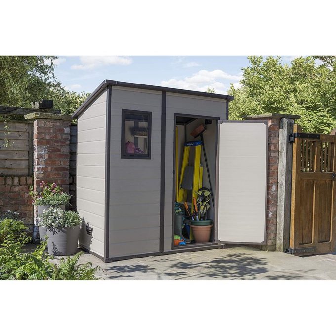 Keter Manor Outdoor Pent Single Door Garden Storage Shed 6 x 4ft Beige Brown Wood Effect Fade Free All Weather Resistant Safe And Secure Zero Maintenance 15 year Warranty