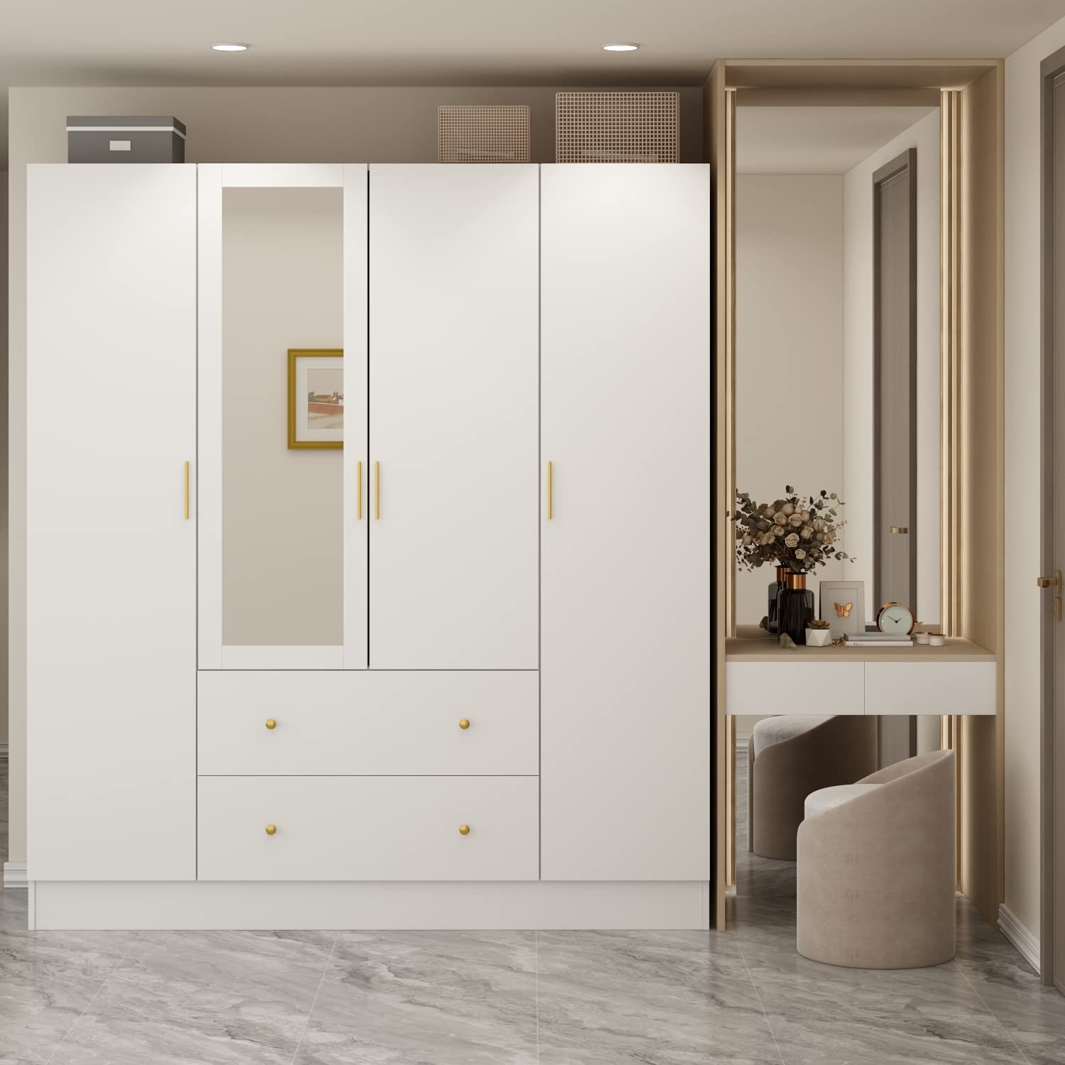 【Furniture】4 Doors Wardrobe Armoire with Mirror, 63