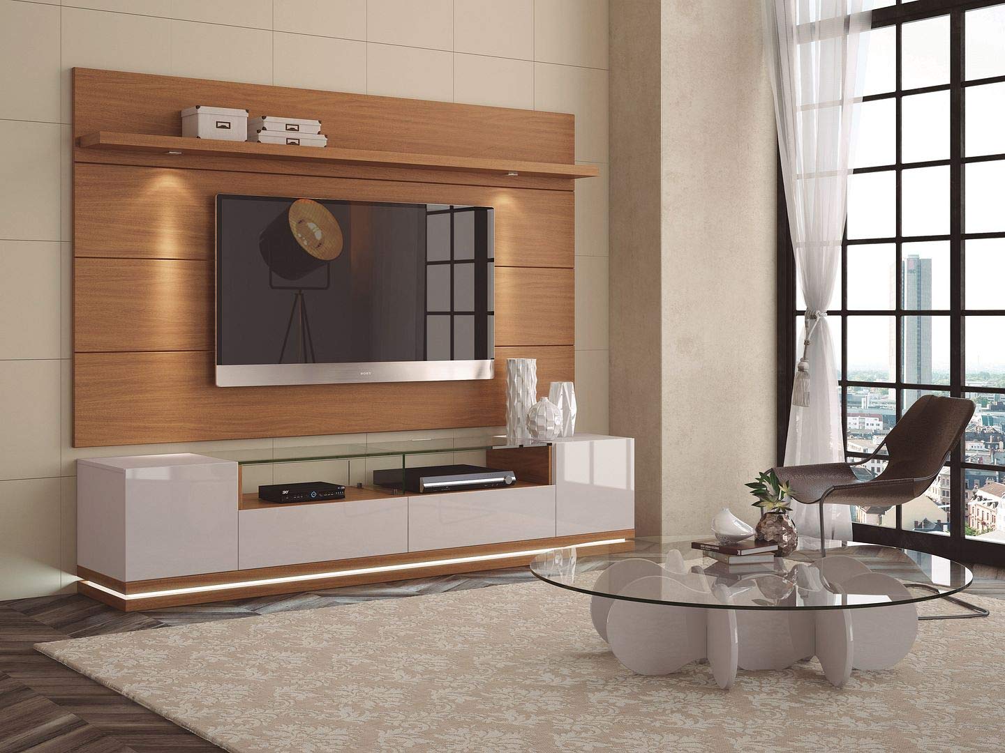 【Furniture】Vanderbilt TV Stand and Cabrini 2.2 Floating Wall TV Panel with LED Lights