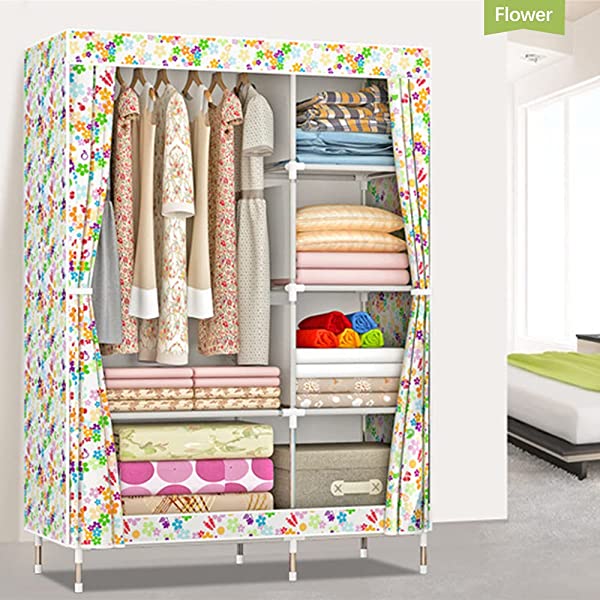 QUMENEY Wardrobe Storage Closet, Portable Clothes Standing Shelves Organizer, Extra Strong and Durable Non-Woven Fabric Rack with Hanging Rods, Quick and Easy to Assemble (Pink Dots)