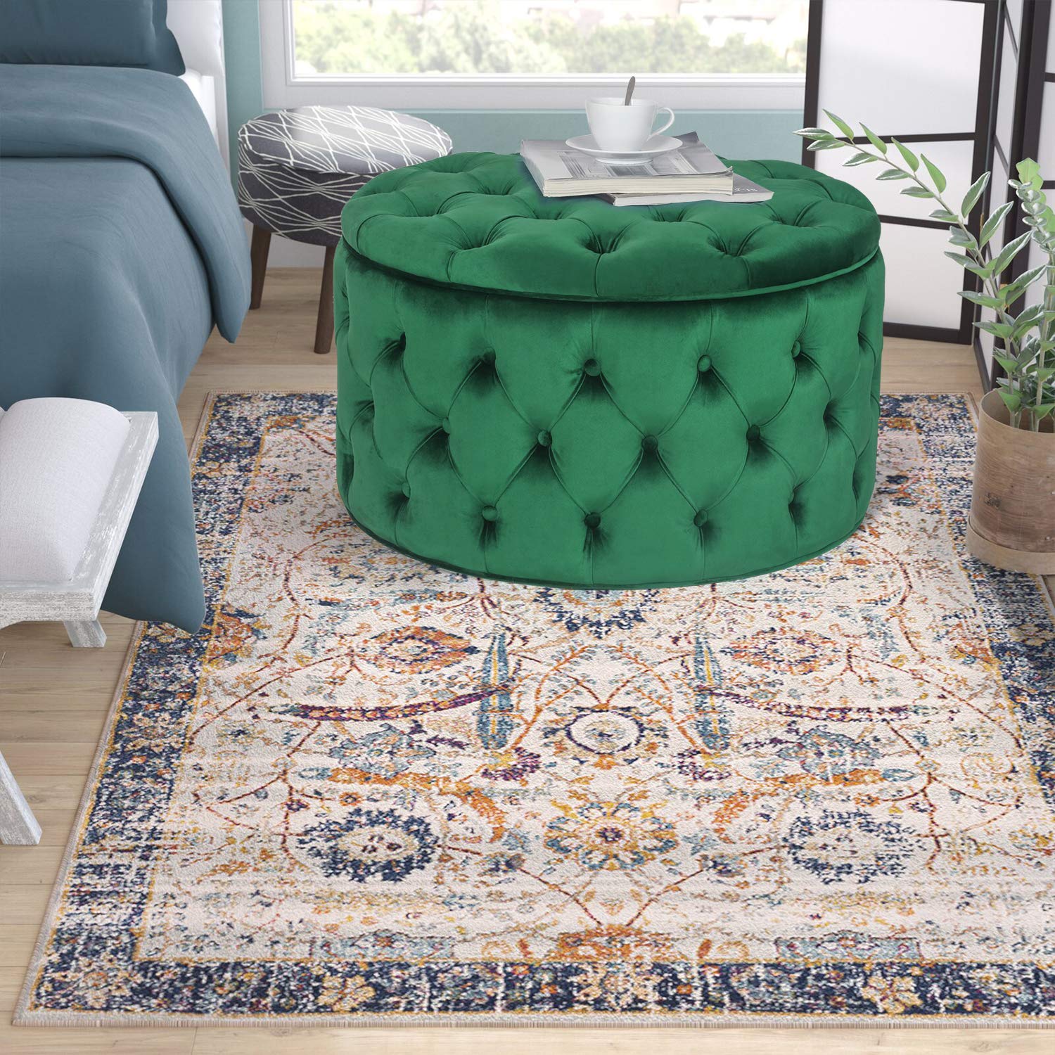【Furniture】Homebeez Round Velvet Storage Ottoman, Button Tufted Footrest Stool Coffee Table