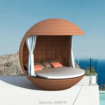 【Home&Garden】Outdoor furniture wicker ball shape Rattan Daybed with canopy For Swimming Pool Poolsidegarden