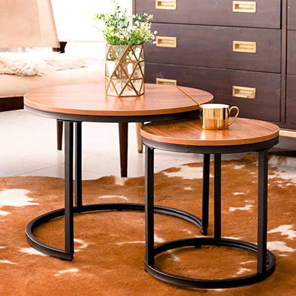 aboxoo Coffee Table Nesting Side Set of 2 End Table Top Sturdy Metal Frame Wood Desk Centerpiece Living Room Bedroom Apartment Modern Industrial Simple Nightstand