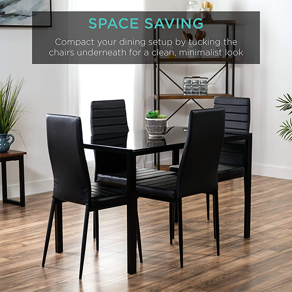 Best Choice Products 5-Piece Kitchen Dining Table Set for Dining Room, Kitchen, Dinette, Compact Space w/Glass Tabletop, 4 Faux Leather Metal Frame Chairs – Black