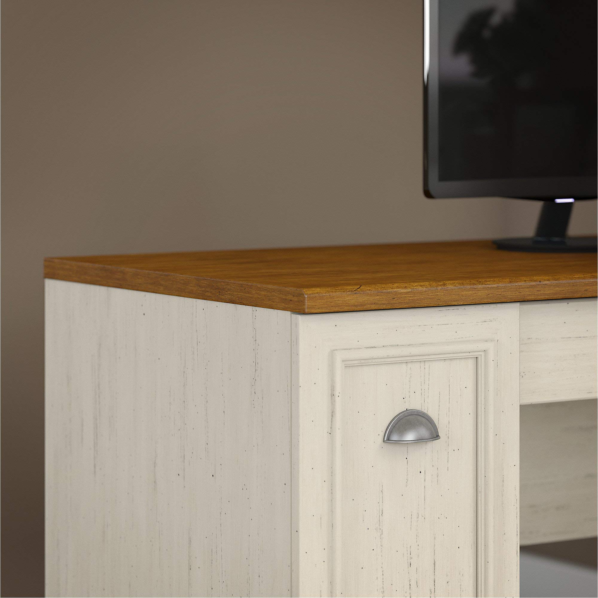 【Furniture】Fairview L Shaped Desk with Hutch, Bookcase and Lateral File Cabinet in Antique White