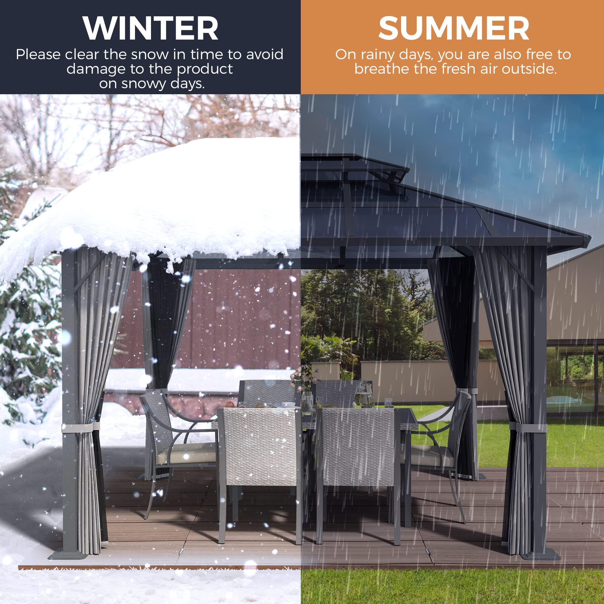 【Gazebo】10'x12' Outdoor Polycarbonate Double Hardtop Roof Gazebo, Aluminum Furniture Gazebo Canopy