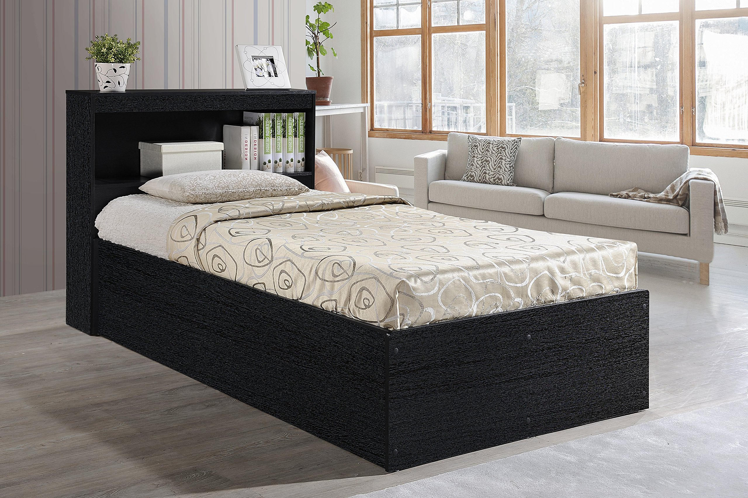 【Furniture】Hodedah Twin-Size Captain Bed with 3-Drawers and Headboard in Black
