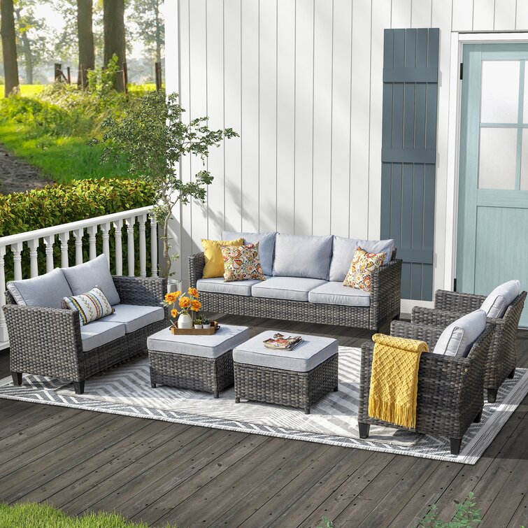 【Home&Garden】Polyethylene (PE) Wicker 7 - Person Seating Group with Cushions