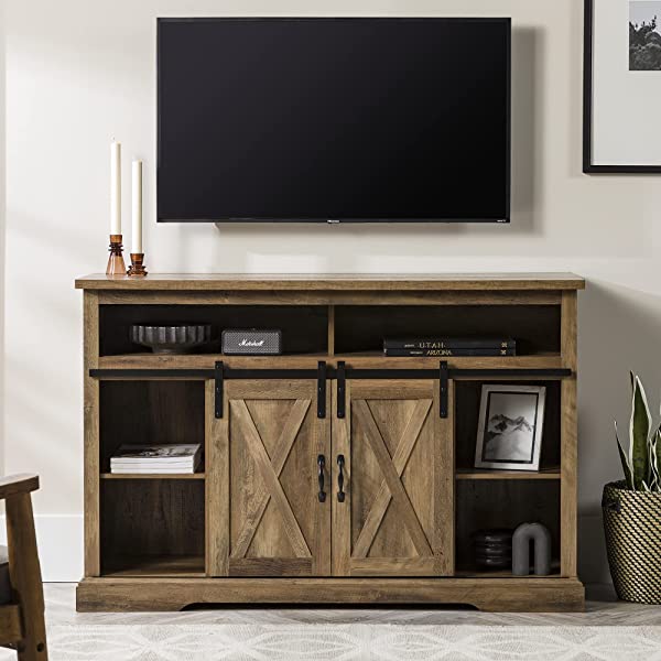 Walker Edison Richmond modern farmhouse sliding barn door TV stand for up to 52 inches, white and rustic oak white without fireplace 52 inches TV