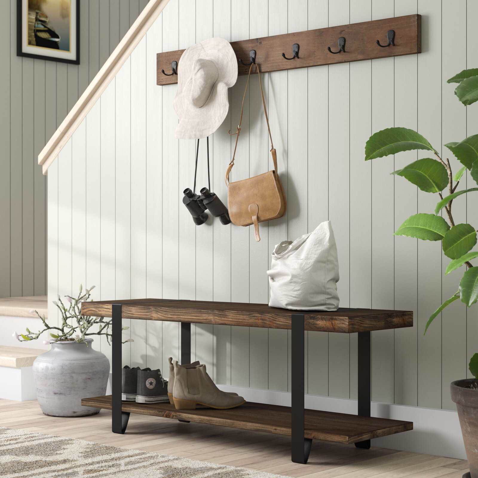 【Furniture】Alezzi 48'' Wide Birch Solid Wood Hall Tree with Bench