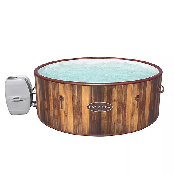 HELSINKI HOT TUB, 180 AIRJET WOOD EFFECT INFLATABLE SPA WITH FREEZE SHIELD YEAR ROUND TECHNOLOGY AND RAPID HEATING, 5-7 PERSON