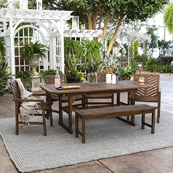 Walker Edison 5 Person Outdoor Wood Chevron Patio Furniture Dining Set Table Chairs Bench All Weather Backyard Conversation Garden Poolside Balcony, 4 Piece, Brown Brown 4 Piece Dining Set