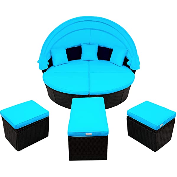 Merax All-Weather Outdoor Sectional Sofa Conversation Set Rattan Daybed Sunbed with Retractable Canopy, Separate Seating and Removable Blue Cushions Brown+blue