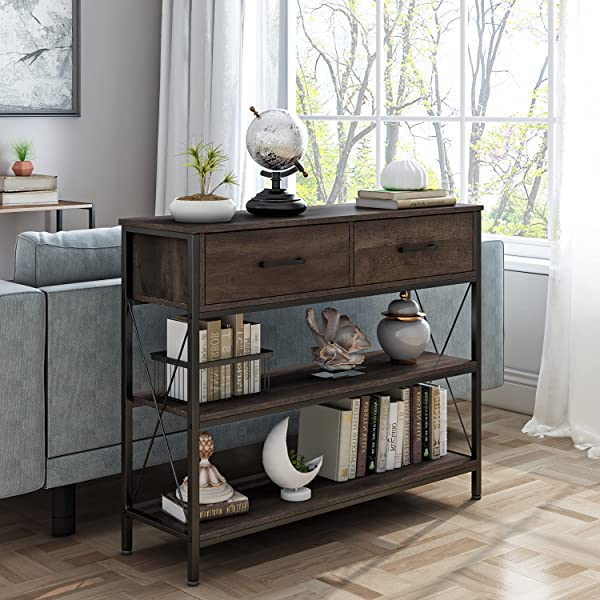 Console Table with Drawers, Rustic Hallway Table with Storage Shelves, Narrow Long Sofa Entryway Table for Living Room, Metal Frame, Dark Brown