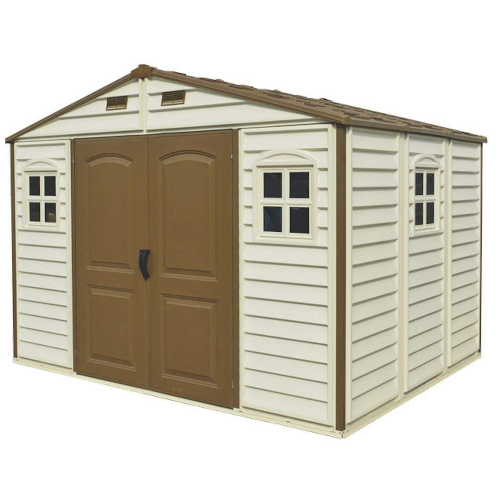 Duramax WoodSide 10 x 8 (8.02 m2) Plastic Garden Shed with 3 Fixed Windows & Metal Foundation Kit, Strong Metal Roof Structure Fire Retardant and Maintenance-Free Storage Shed