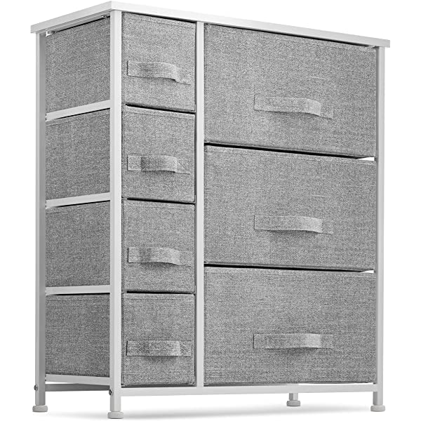 7 Drawers Dresser - Furniture Storage Tower Unit for Bedroom, Hallway, Closet, Office Organization - Steel Frame, Wood Top, Easy Pull Fabric Bins Gray/White Gray / White