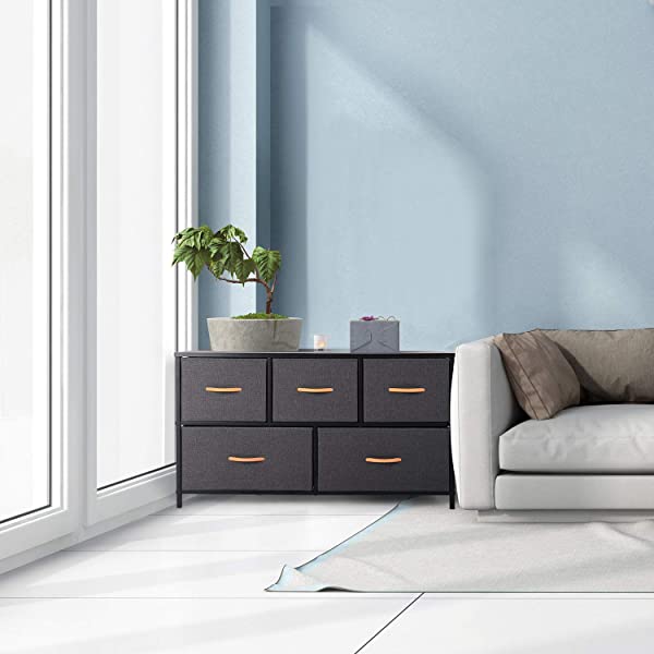 ROMOON Dresser Organizer with 5 Drawers, Fabric Storage Drawer Unit, Dresser Tower for Bedroom, Hallway, Entryway, Closets, Nursery - Wide Espresso