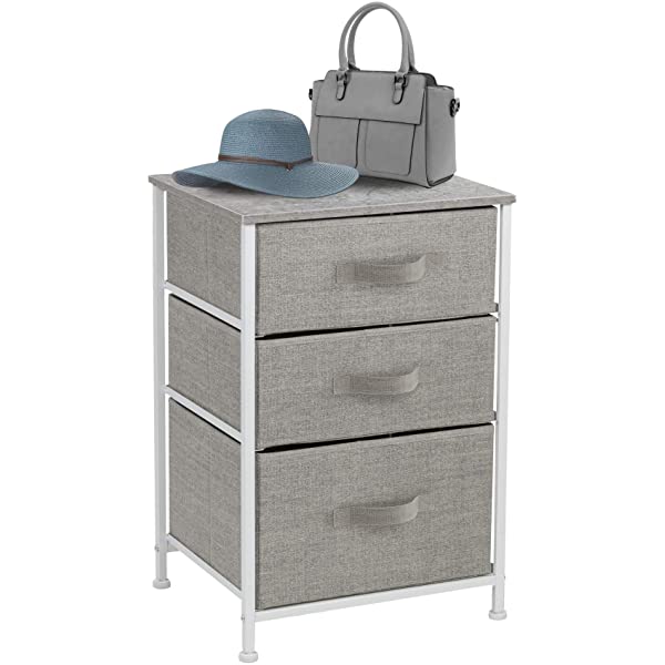 Sorbus Nightstand with 3 Drawers - Bedside Furniture & Accent End Table Chest for Home, Bedroom Accessories, Office, College Dorm, Steel Frame, Wood Top, Easy Pull Fabric Bins (Gray) Grey