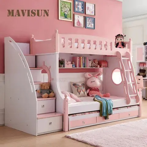 【Furniture】Bunk beds for boys and girls ages 5 to 8 bedroom pink blue Castle Pirate beds
