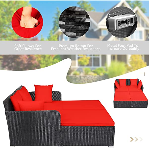 Salches Outdoor Rattan Daybed, Patio Loveseat Sofa Set w/Comfortable Cushions, Extra Pillows & Metal Foot, Sunbed Wicker Furniture for Yard/Poolside/Living Room/Garden/Porch (Red)