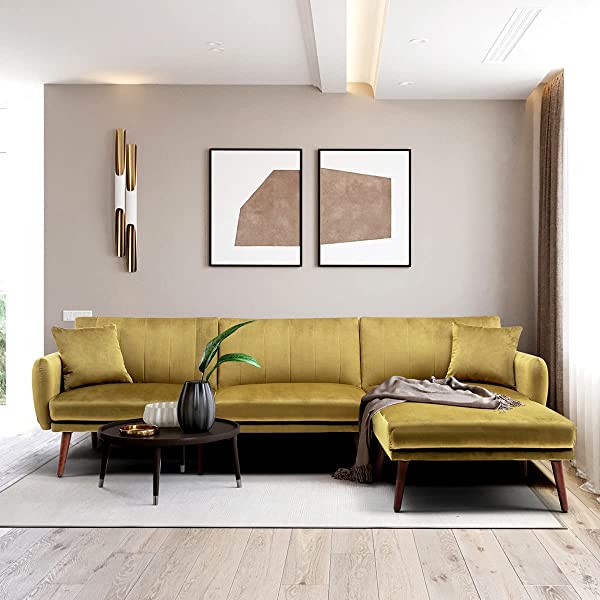 JOMEED Convertible Sectional Sofa Bed with Adjustable Backrest Modern Velvet Fabric L-Shaped Couch with Extra 2 Pillows Wide Chaise Lounge for Living Room (Orange)