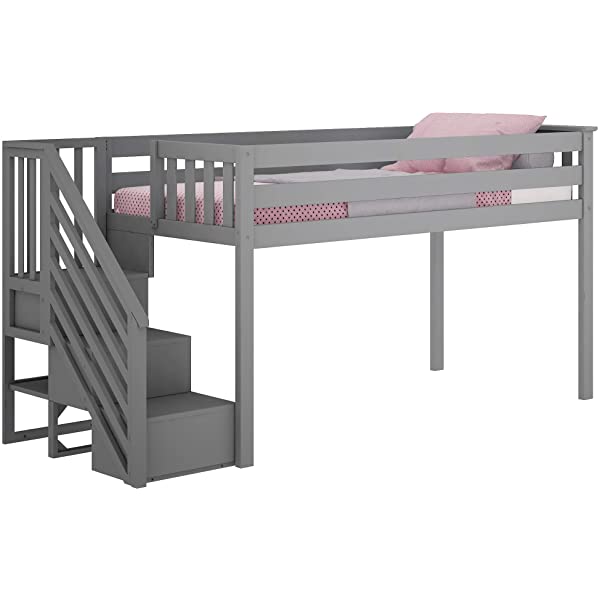 Max & Lily Twin Low Loft Bed with Staircase, White White Low Loft + Staircase Bed