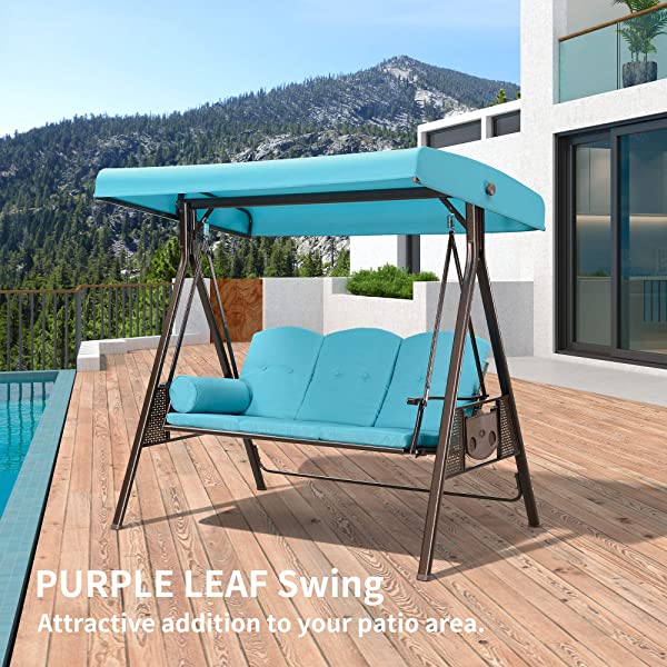 PURPLE LEAF 3-Seat Deluxe Outdoor Patio Porch Swing with Weather Resistant Steel Frame, Adjustable Tilt Canopy, Cushions and Pillow Included, Beige 74.4