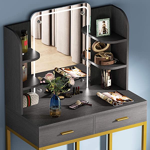 Vanity Set with LED Lighted Mirror and Cushioned Stool, Large Vanity Table Dressing Table Desk with Storage Shelves and 2 Drawers for Bedroom (Gold/w Lights)