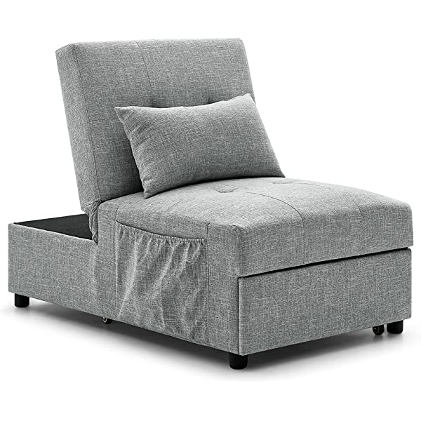 4-in-1 Sleeper Sofa Bed, HABITRIO Solid Wood Frame Polyester Upholstered Seating Couch w/A Pillow, Work As Ottoman, Single Chair, Sofabed and Chaise Lounge, Fit for Living Room, Bedroom (Grey)