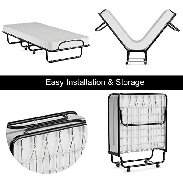 Giantex Rollaway Folding Bed with 4 Inch Mattress, Portable Foldable Guest Bed for Adults, Sturdy Metal Frame, Memory Foam Mattress, Folding Bed Cot Size (Beige & Black) Wood